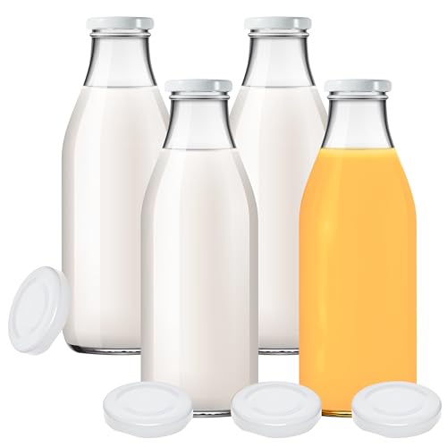mikken 4 botellas de cristal de 1000 ml para zumo de leche con 8 tapas, color blanco, incluye etiquetas
