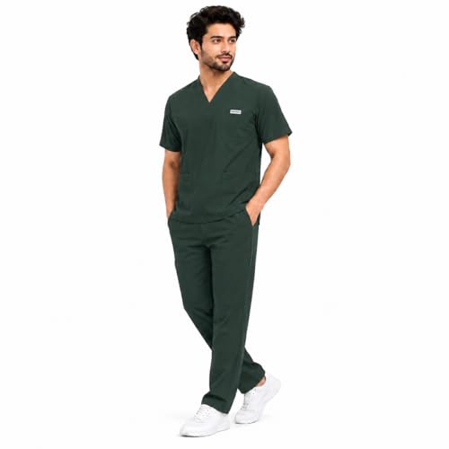 Image of Unisex Medical Scrub Suit Set, V-Neck Top with Pants, Short Sleeve, Polyester Cotton Blend, 7 Pockets, Regular Fit, Hospital Doctor Nurse Uniform