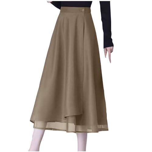 Women's Elegant Work Wear Wrap Skirt Casual High Waisted Button Midi Skirts Vintage A line Double Layered Mesh Skirt
