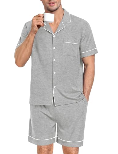 Image of SWOMOG Mens Pajama Set Short Sleeve 2 PCS Sleepwear Button Down Soft Loungewear Modal Set Pj Set with Pockets S-3XL