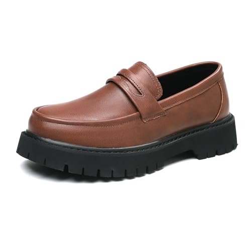 Image of Men's Leather Platform Chunky Slip-On Penny Loafers Classic Round Toe Lug Sole Business Casual Formal Work Shoes