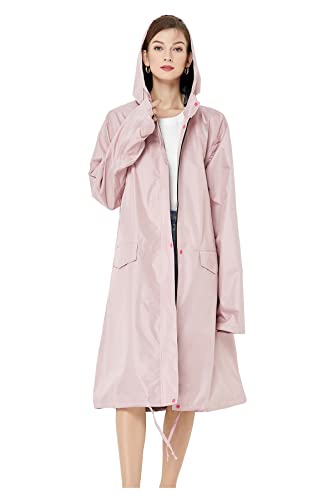 Manteau de pluie long pour femme - Imperméable - Avec capuche - Fermeture éclair et poches en plein air, Gris et rose., XL Cover