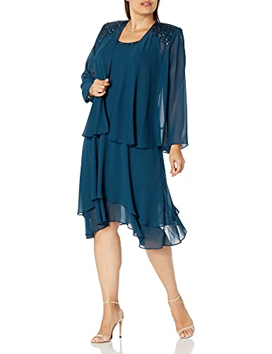 S.L. Fashions Women's Plus Size Embellished Tiered Mother of The Bride Gown with Jacket, Wedding Guest, Formal Event Dress, Mid Teal, 18W
