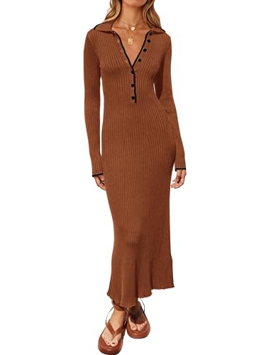 Image of MASCOMODA Women Fall Long Sleeve V Neck Sweater Dress Casual Lapel Button Up Slim Fit Ribbed Knit Long Maxi Dresses
