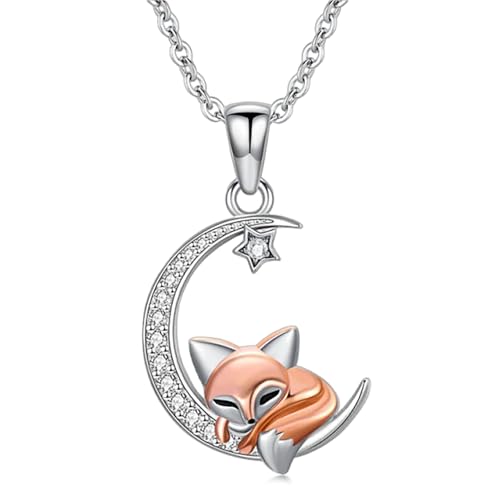 Flpruy Fox Moon Necklace for Women 925 Sterling Silver Fox Pendent Necklace Rose Gold fox Jewelry Gifts for Women Couple