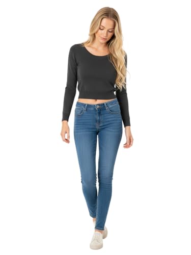 Image of Women's Crop Top Stretch Sweater - Long Sleeve Slim Bodycon Crewneck Casual Basic Solid Cropped Knit Pullover Top