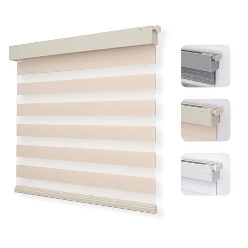 Joydeco No Drill Zebra Blinds for Windows, Cordless Dual-Layer Privacy Zebra Shades for Indoor Windows, Easy to Install, Light Filtering Sheer Blinds for Home (Light Beige, Custom Size)