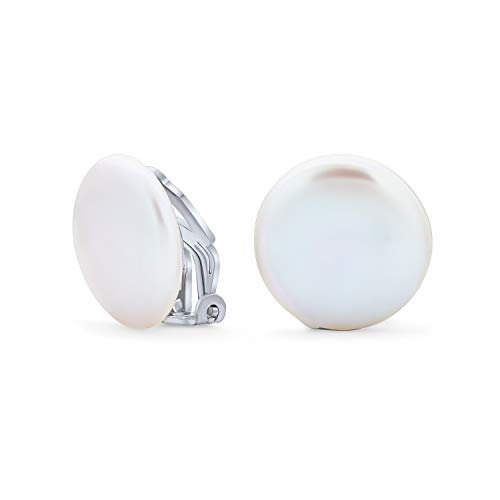 Bridal White Biwa Coin Freshwater Cultured Pearl Clip On Earrings For Women Non Pierced Ear .925 Sterling Silver