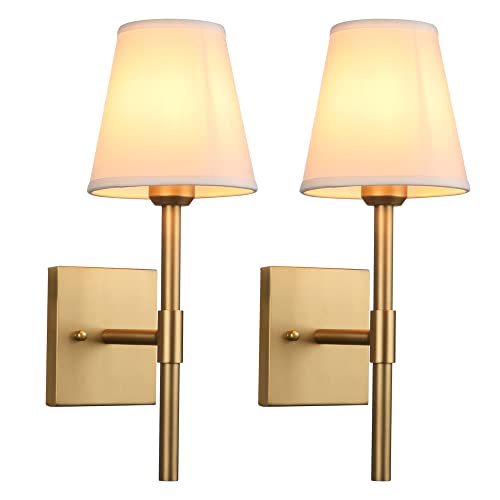 Pathson Set of 2 Hardwired Bathroom Wall Sconces with White Fabric Shade, Cloth Wall Mounted...