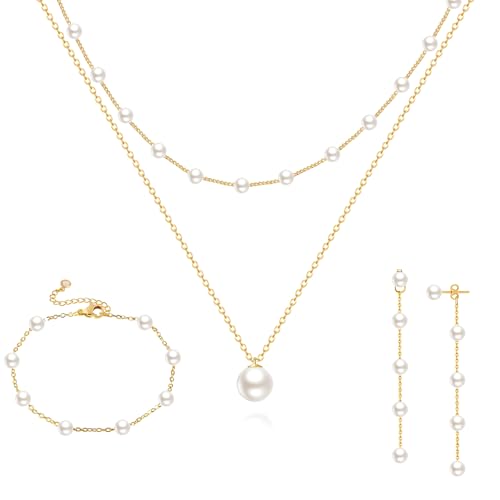 Image of Zeffy Gold Pearl Necklace for Women, Dainty 14K Gold /Silve Plated Layered Pearl Choker Pearl Earrings Pearl Bracelets Wedding Trendy Gold Jewelry Set for Women Gifts