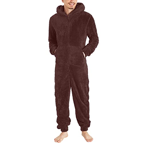 Lmdudan Men's Winter Zipper Hooded Fuzzy Romper Pajamas One Piece Fleece Pajama Jumpsuit Warm Comfy Loungewear with Pockets