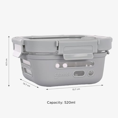 Image of GLASAFE Borosilicate Glass Lunch Box for Office w /t Air-Tight lid & Protective Silicone Sleeve | Tiffin Box for Men & Woman | Microwave & Dishwasher Safe | Leakproof Design | Set of 1-520ml,Grey