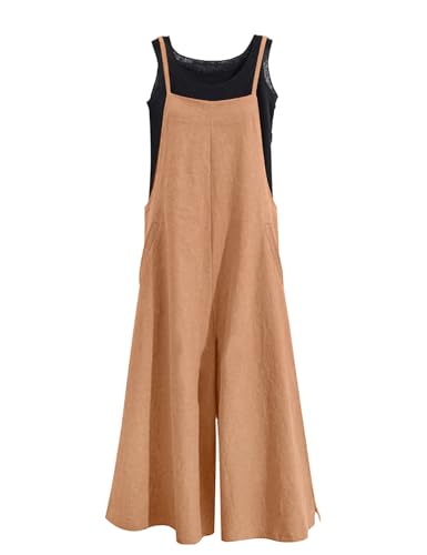 Image of YESNO Women Casual Loose Long Bib Pants Wide Leg Jumpsuits Baggy Cotton Rompers Overalls with Pockets PZZTYP2