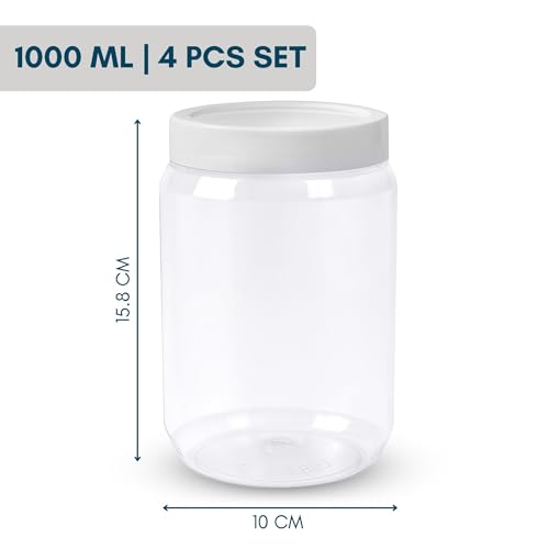 Image of SCL Steelo Vistta Round Containers with White Screw Lid | BPA-Free Premium Plastic Kitchen Storage Jars | Durable, Airtight & Stackable | Ideal for Grains, Snacks, Pulses & More| 1000ml, 4pcs Set