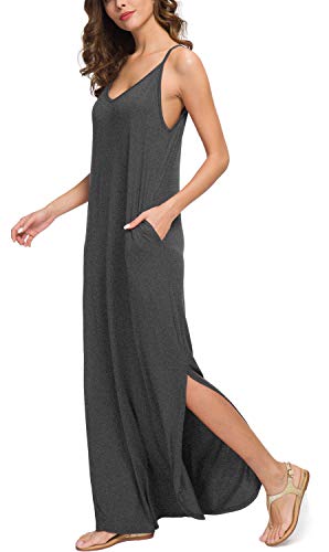 GRECERELLE Women’s Summer Casual Plain Loose Beach Cover Up Long Maxi Cami Dress with Pockets Dark Gray-S