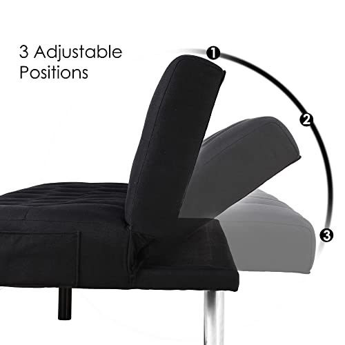 HIFIT Futon Sofa Bed, Upholstered Convertible Folding Sleeper Sofa Bed with Removable Armrest, 2 Cupholder & Metal Leg, Modern Futon Couch for Living Room, Bedroom, Small Space, Apartment, Dorm, Black