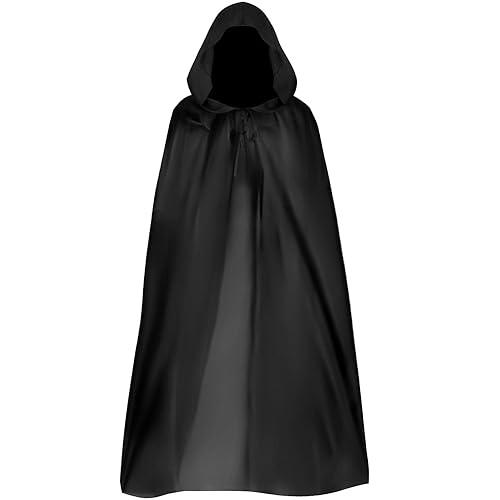 QIGHLIS Schwarzer Kapuzenumhang Halloween Kostüm Umhang mit Kapuze,90cm Schwarzer Umhang Verkleidung Vampir Kostüm Cape Kostüm Jedi Mantel Darth Vader Umhang, für Erwachsene Unisex