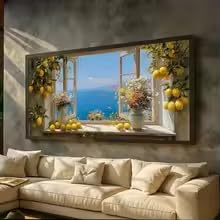 Toile vue sur la mer Méditerranée pour illuminer un salon sombre sans travaux