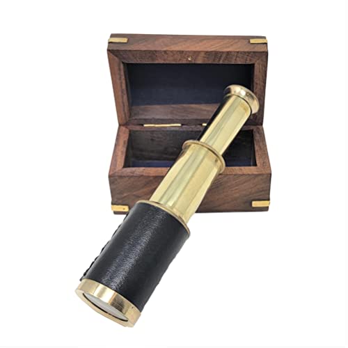 Antique Style Brass Telescope Brass Spy Glass Black Leather Wood Box Gift 6 in