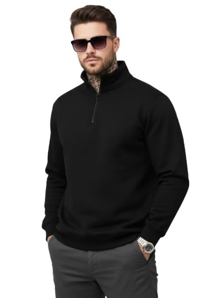 villain Men's Quarter Zip Mock Neck Pullover Sweater, Cotton Blend Fleece, Classic Black, Long Sleeve, Regular Fit, Casual Athletic Style-picture-32