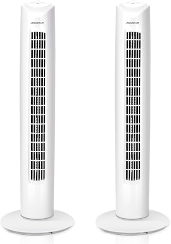 Aigostar Ventilador de Torre Silencioso, 3 Velocidades, Oscilación de 85º, Ventilador sin Aspas 45W, Diseño Compacto, Fácil Instalación, 82 cm de Alto.Color Blanco. 2 Piezas