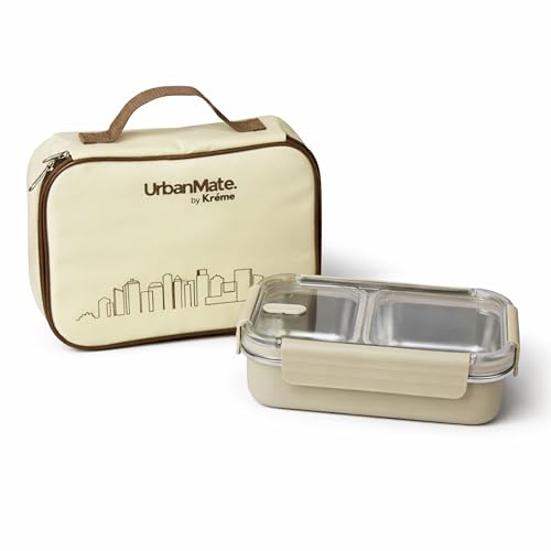 Image of Kreme UrbanMate Bento Lunch Box with Carry Bag 1100 ml, 2 Compartment Lunch Box, Stainless Steel, Leak Proof, Spill Proof, Ideal for Adults, Teenagers and Kids, Beige