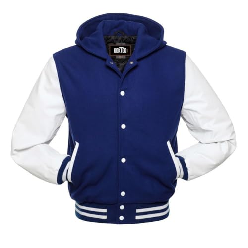 Mens Varsity Jackets Baseball Letterman Wool Body Genuine Leather Sleeves Bomber Jacket with Hood
