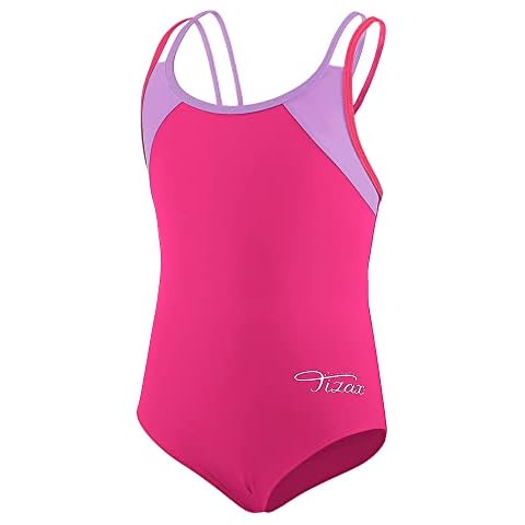 TIZAX Girls One Piece Swimsuit Solid Cross Back Multi Straps Swimwear Quick Dry Beach Swimming Costume Rose Red 9-10 Years Cover