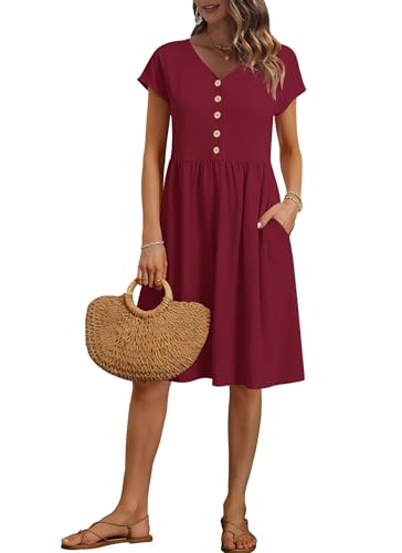 Image of AUSELILY Women's Summer Short Sleeve Knee-Length V Neck Dress with Pockets | V Neck,Cap Sleeve,Loose-Fit,Casual Dresses,2026 New