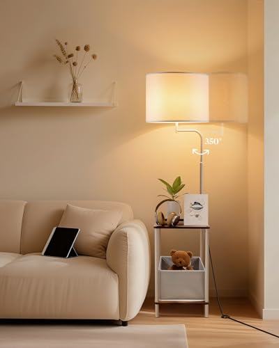 Image of Lightdot 56 inch Floor Lamp with Table & Storage Bag, Dimmable Corner End Table Lamps with 350 Rotatable Fabric Lampshade, Mid Century Floor Lamps for Living, Room Bedroom, Office, E26 Bulb Include-White