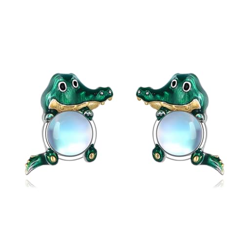 Boucles d'oreilles Crocodile pour Femmes et Filles en Argent Sterling 925 en Forme de Crocodile Cadeau Animal Bijoux en Pierre de Lun