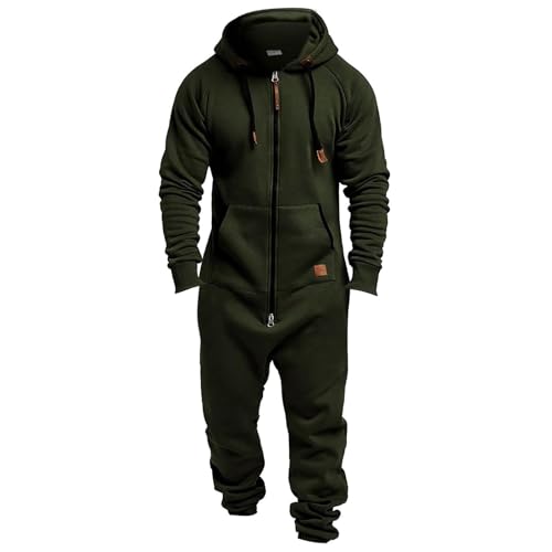 heluqu Mens Fleece Lined Hooded Jumpsuit Zip Up One Piece Pajamas Playsuit Jogger Sweatsuit Overall Romper Winter Tracksuit Army Green