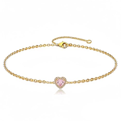 Chaîne de cheville or jaune 18 carats, bijou cœur et pierre de naissance femme