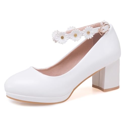Women's Round Toe Ankle Strap Dress Pumps Shoes Comfortable Mid Heels Flowers Girls Mary Jane Shoe