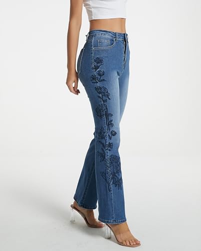 D-Sun Women Embroidered Flare Jeans Casual Mid Rise Vintage Inspired Fashion Denim Jeans Pants with Pockets4