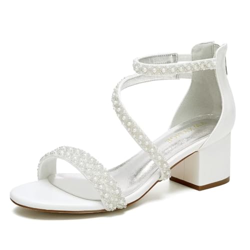 Low Block Heel Wedding Sandals for Bride Open Toe Wedding Shoes Pearl Wedding Heels Bridal Shoes