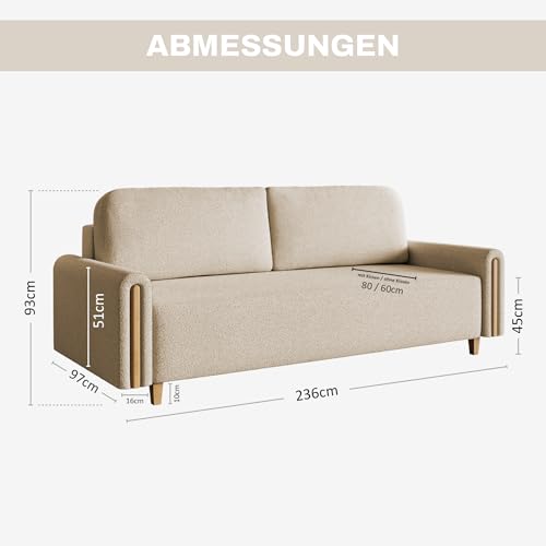 MOTIVENA Notti 3 Sitzer Sofa mit Bettfunktion, Schlafsofa 235 cm Breit, Klappsofa mit Schlaffunktion, Schlafsofa mit Bettkasten, Bettsofa mit Schlaffunktion, Boucle Sofa Beige (Creme) – Bild 3