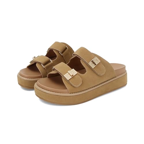 Image of SOVANYOU Suede Platform Sandals Slip on Platform Slides Open Toe Summer Beach Sandal Double Buckle Casual Vacation Shoes