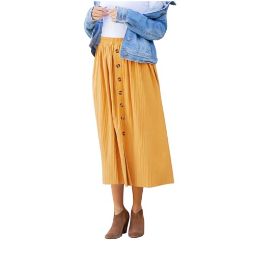 Women's Elastic High Waist Pleated A-Line Midi Skirts Dressy Casual Trendy Button Down Business Work Long Skirt