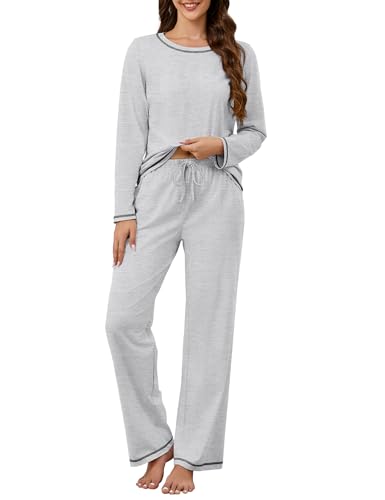 Image of KCW Womens Pajamas Sets 100% Cotton 2 Piece Lounge Set Long Sleeve Tops and Pants Soft Pjs Sleepwear with Pockets