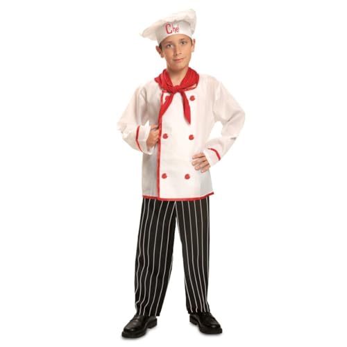 My Other Me - Disfarce de cozinheiro para crianças, tamanho 10-12 anos. Inclui gorro branco com a inscrição Chef em vermelho, lenço, camisa branca com botões e detalhes vermelhos e calças às riscas.