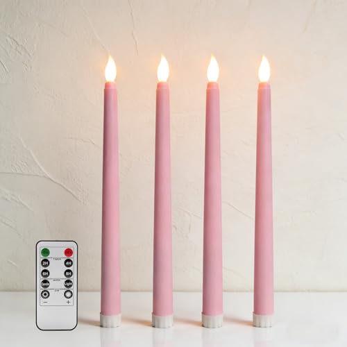 Image of Pink Flameless Taper Candles with Remote, Flickering Battery LED Candlesticks Decor Set of 4