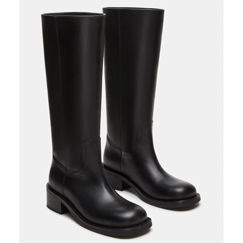 UniqueStride Women Knee High Boots Round Toe Low Chunky Heel Pull On Fashion Tall Moto Riding Boots2