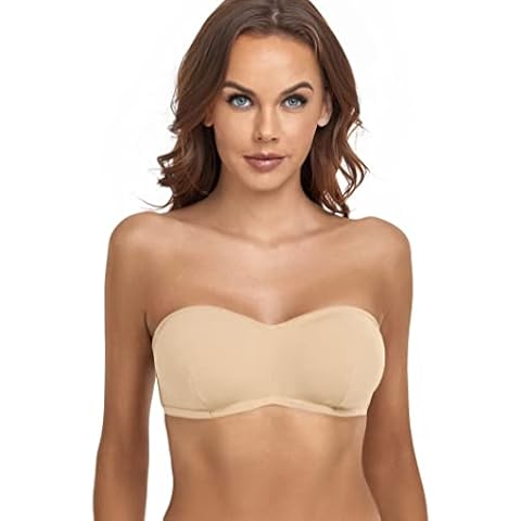 ANGOOL Strapless Bra for Women Padded Non-Slip Silicone Bandeau Bra Seamless Comfort Wirefree Tube Top Beige Cover