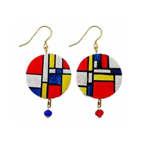 Boucles d'oreilles peintes à la main Mondrian en bois et argent