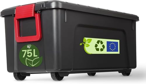 Iris Ohyama, Caja de almacenaje grande de plástico, 75L, Caja de garaje, Negra, Apilable, Cierres a presión robustos con asas, SIA-75