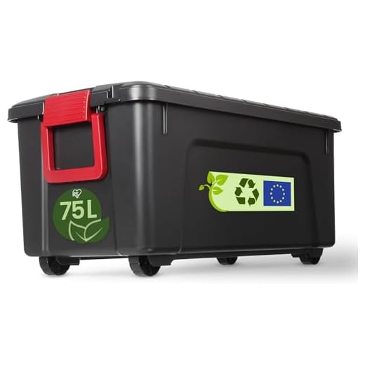 Iris Ohyama, Malle, Boîte de rangement plastique, avec Couvercle et Clips de fermeture, 75L, A l'unité, Empilable, Roues, Sans BPA, Grenier, Cabanon, Garage, SIA-75, Noir