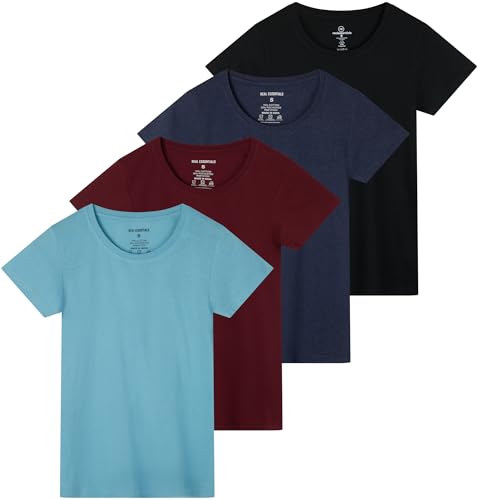Real Essentials 4 Pack: Women's Cotton Short Sleeve T-Shirt - Casual Scoop Crew Neck Tops Tee (Available in Plus Size)