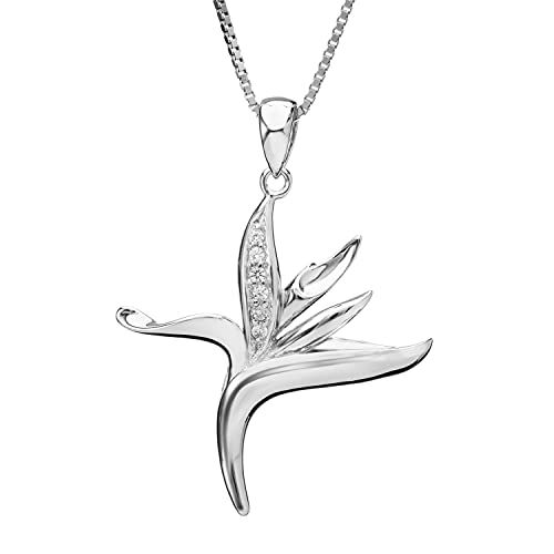 925 Sterling Silver Hawaiian Bird of Paradise Tropical Plant Cubic Zirconia Koa Wood Necklace Pendant with 18
