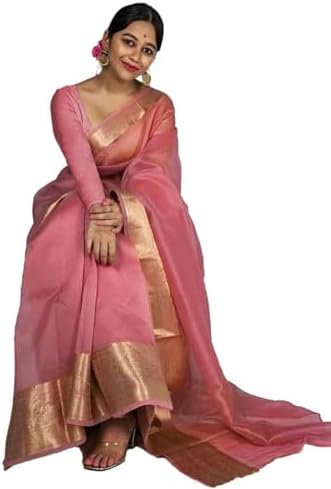 Satrani Women'S Organza Jacquard Border Saree With Unstitched Blouse Piece